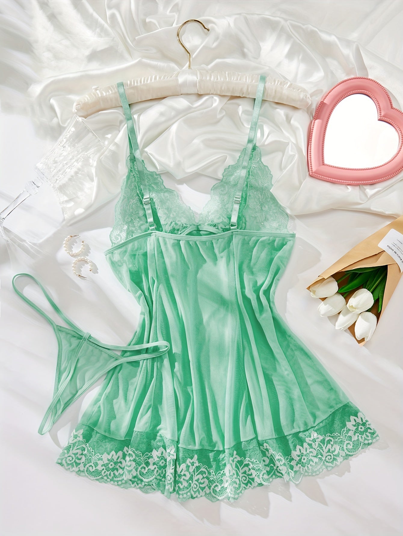 Sexy Hollow Out Mint Green Lace Babydoll Lingerie Matching G-String Panties Included Flowy Silhouette With Lace Accents Adjustable Straps For Comfort